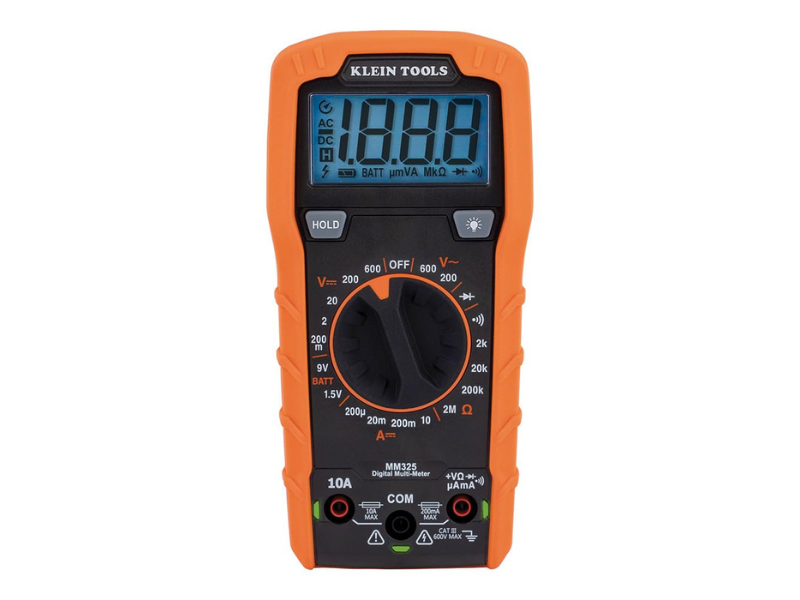 Digital multimeter with an orange casing and LCD display