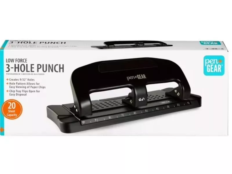 Black three-hole punch with a low force mechanism and chip tray