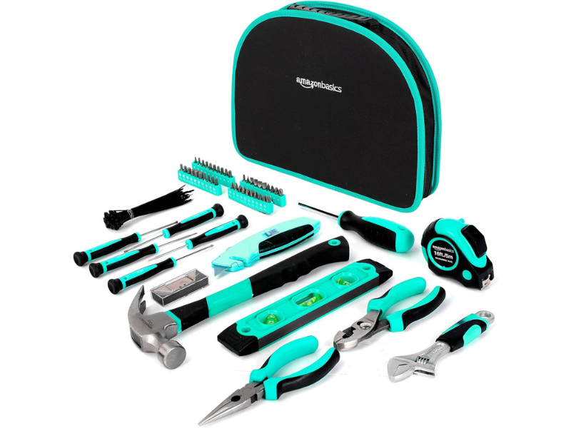 A variety of tools arranged neatly in a black and teal kit
