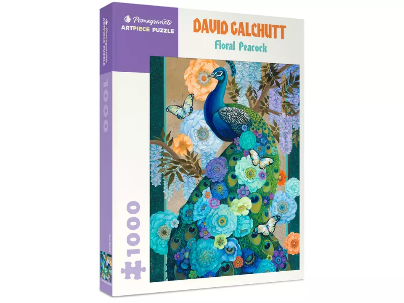Colorful puzzle box featuring a floral peacock design by David Galchutt