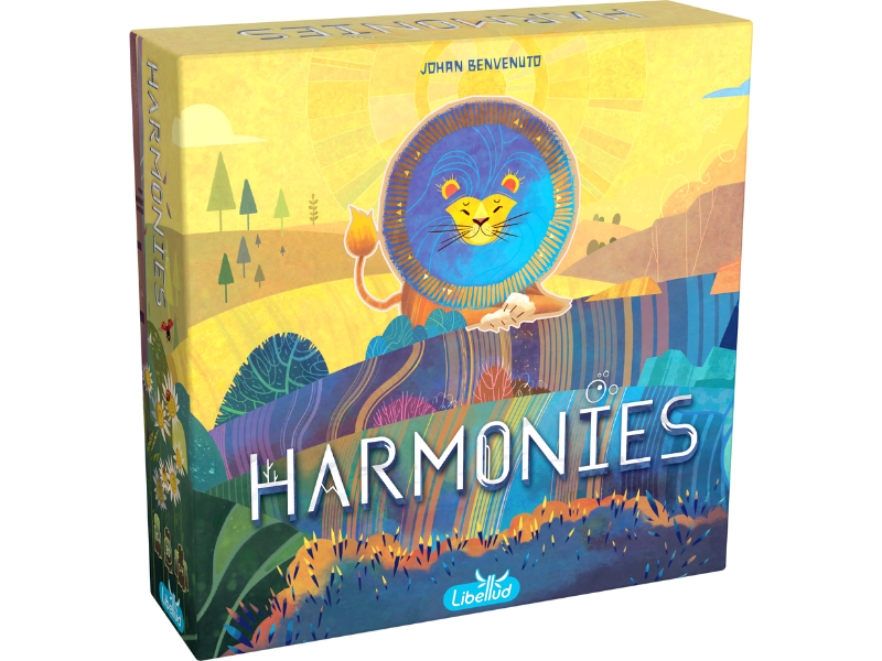 Colorful board game box titled "Harmonies" featuring a lion character