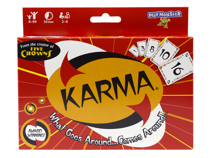 Karma board game box featuring the tagline "What Goes Around. Comes Around!