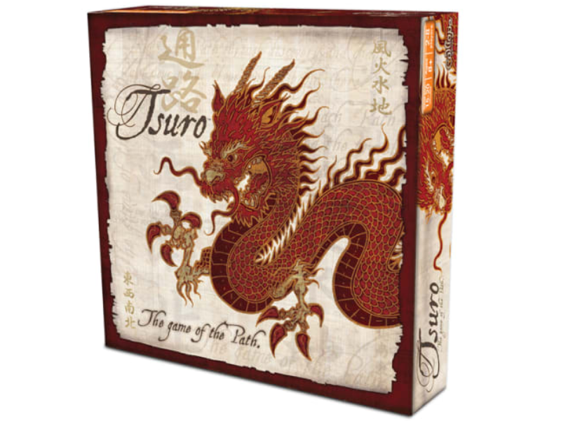 Tsuro board game box featuring a dragon and the title