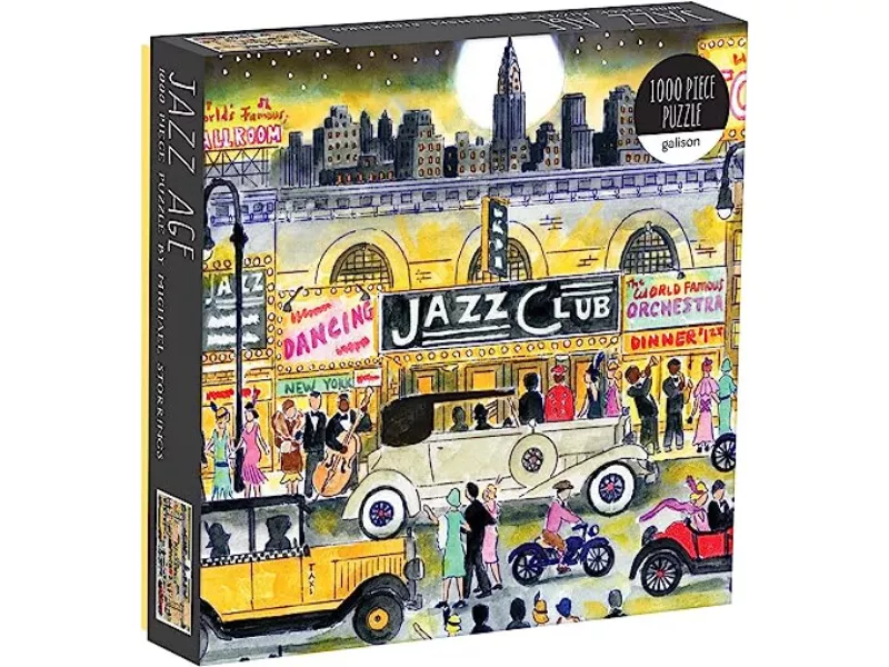 Colorful puzzle box featuring a lively jazz club scene