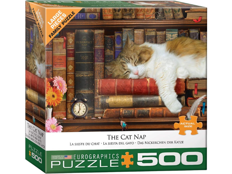A cozy cat sleeping on a stack of books puzzle box
