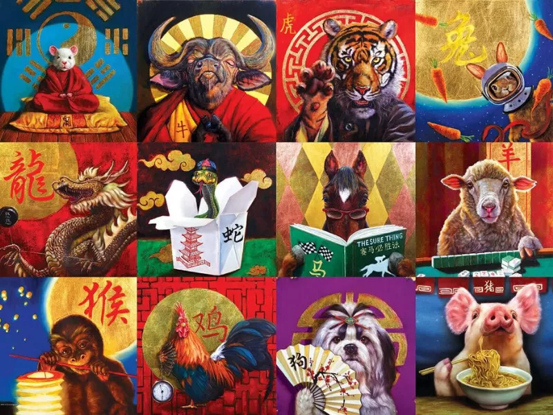 Colorful illustrations of animals representing the Chinese zodiac calendar