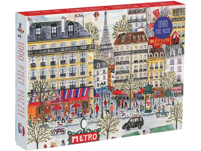 Colorful puzzle box featuring a Parisian street scene with the Eiffel Tower