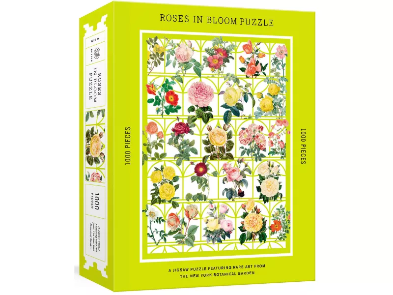 Colorful jigsaw puzzle box featuring various roses in bloom