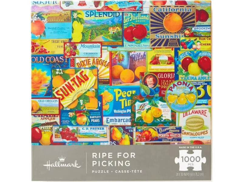Colorful puzzle box featuring vintage fruit labels and designs