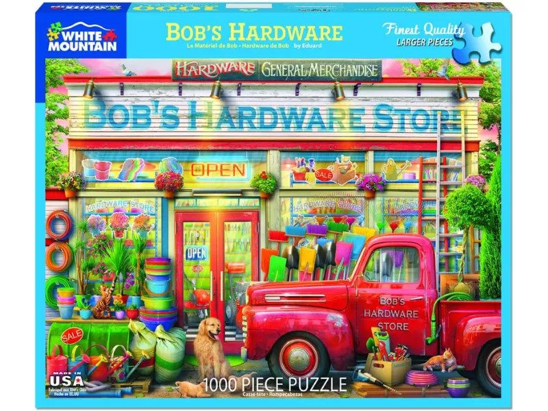 Colorful puzzle box featuring Bob's Hardware Store with a red truck