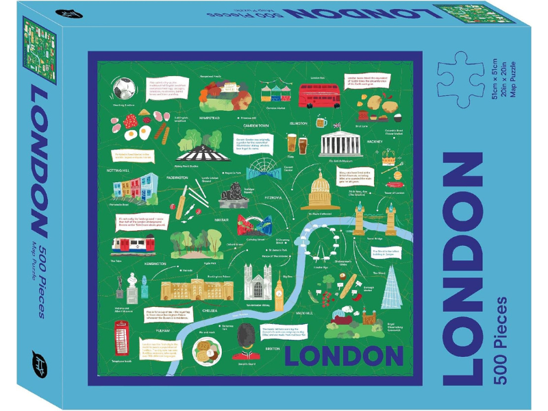 Colorful puzzle box featuring a map of London with landmarks