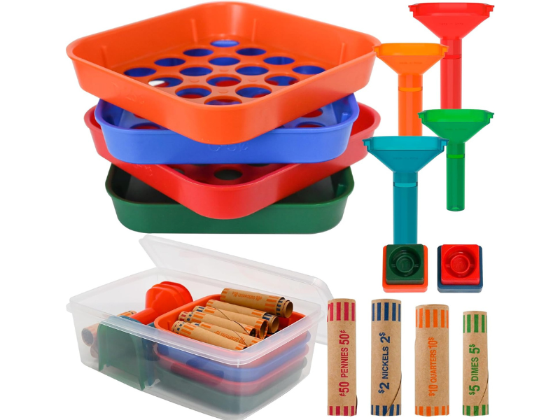 Colorful coin sorting trays and funnels with rolled coin wrappers