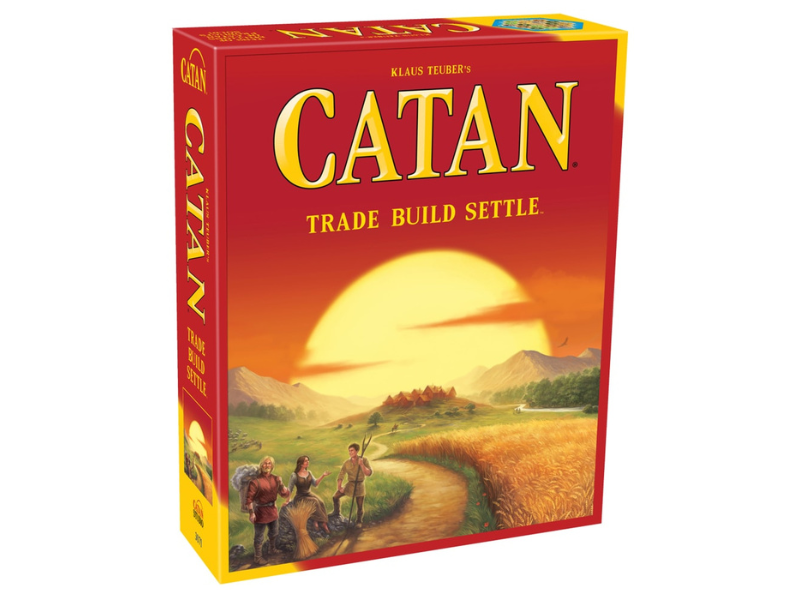 Catan board game box featuring a sunset and three characters