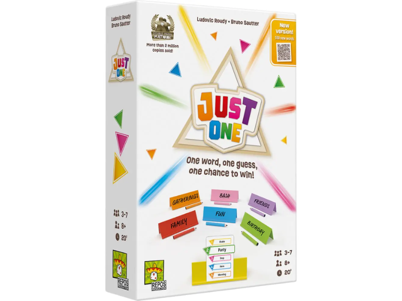 Board game box for "Just One" with colorful design and text