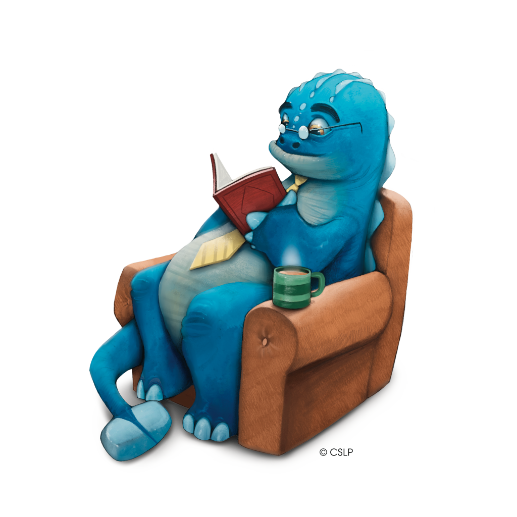 A blue creature reading a book while sitting in an armchair