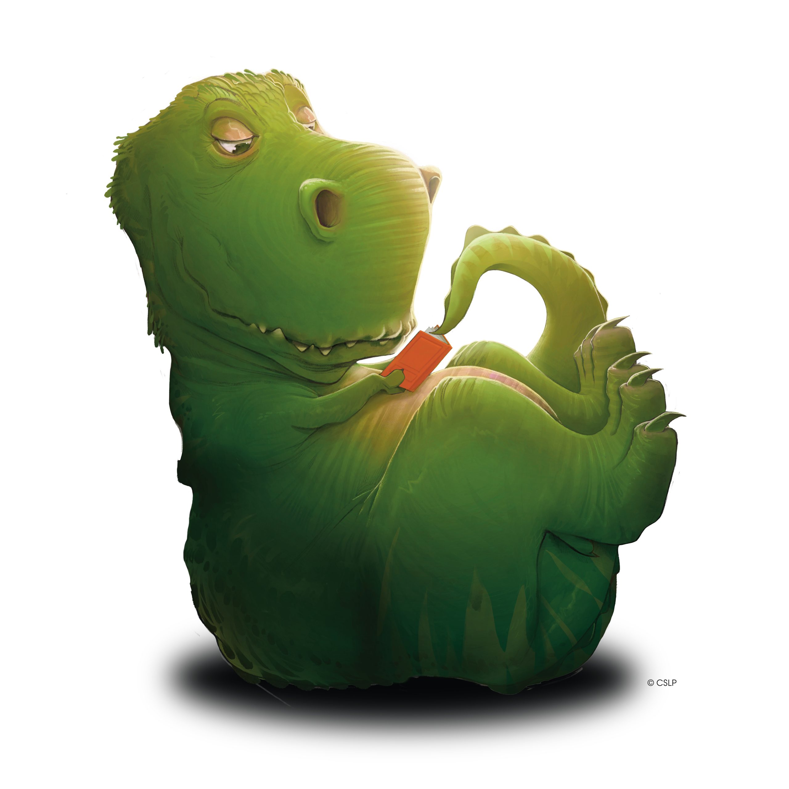 A green dinosaur reading a small red book while relaxed