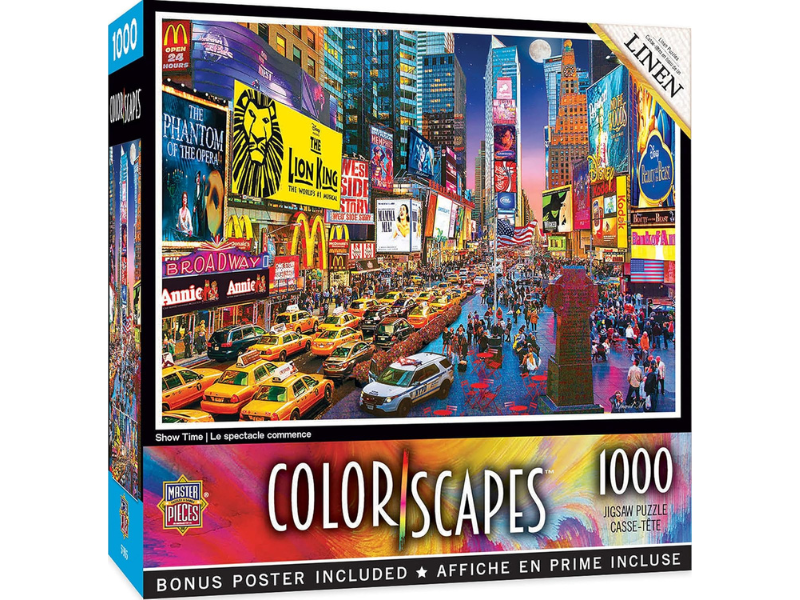 Colorful jigsaw puzzle box featuring Times Square at night
