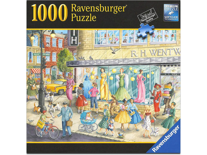 Colorful puzzle box featuring a lively shopping scene with people and dresses