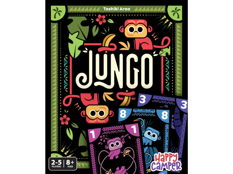 Colorful board game box featuring the title "Jungo" and playful monkeys