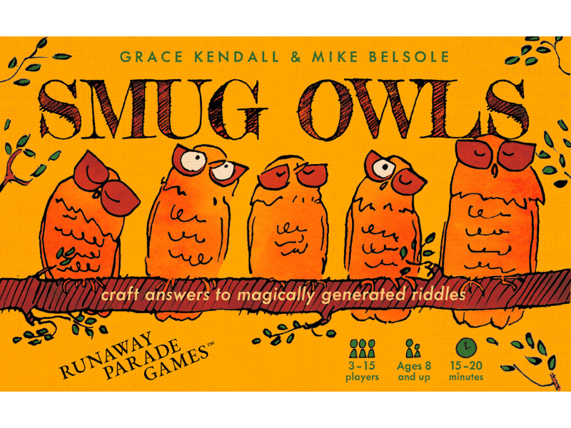 Colorful board game cover featuring five cartoon owls and title "Smug Owls