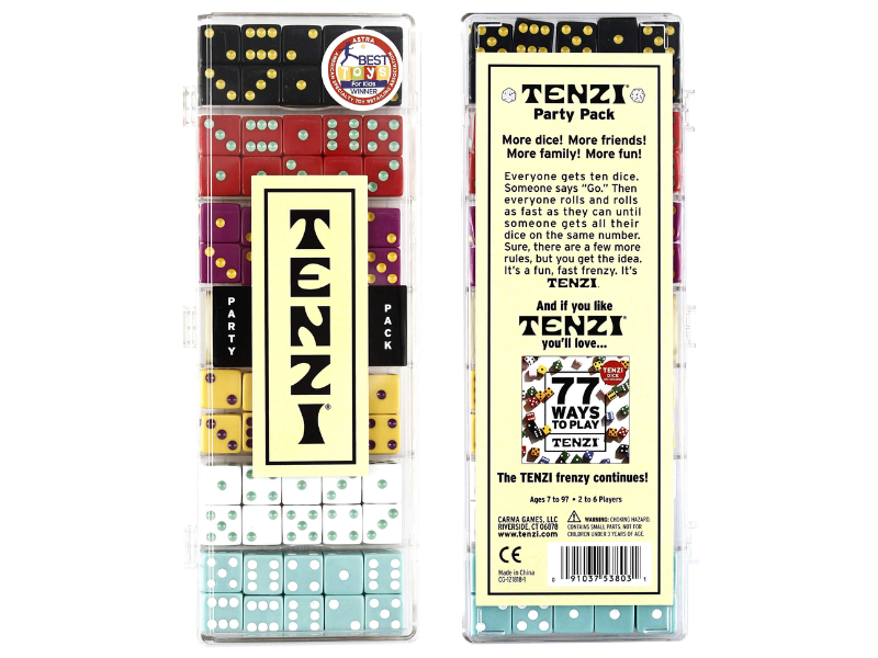 Colorful Tenzi party pack with dice and game instructions
