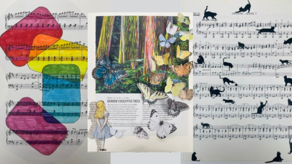 Three distinct pieces of book page art. The first features four colorful rectangles, overlapping on sheet music. The second features a young girl with blonde hair, watching butterflies fly off the page. The third features cats playing with the notes on sheet music. 