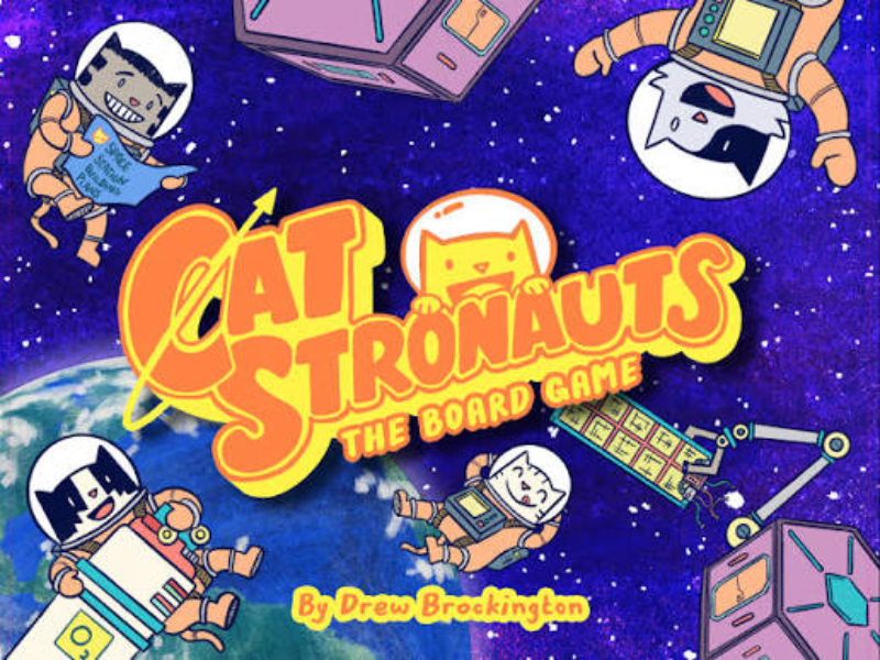 Colorful illustration of cats in space suits playing a board game