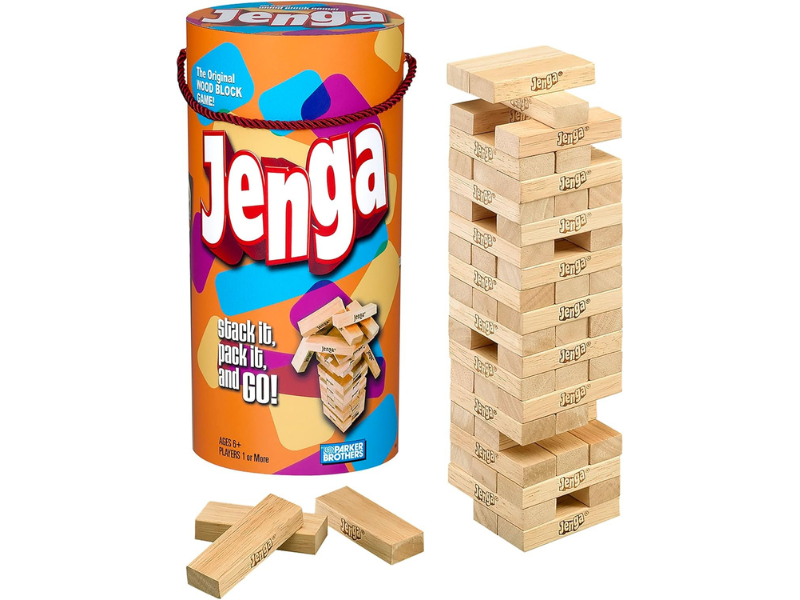 Jenga game set with wooden blocks and colorful packaging