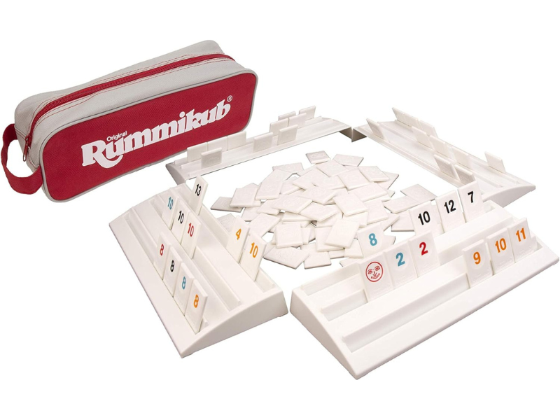 Rummikub game set with tiles and storage bag displayed