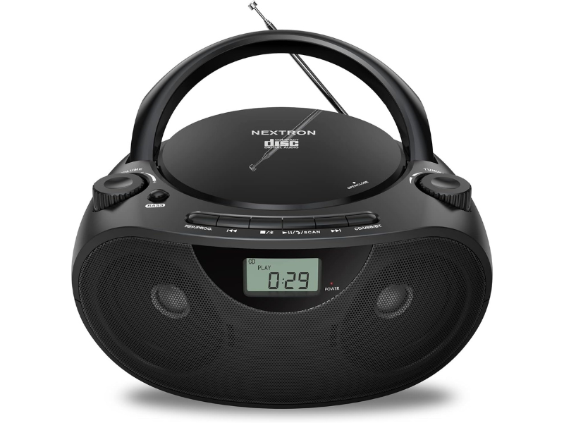 Black portable CD player with digital display and radio antenna