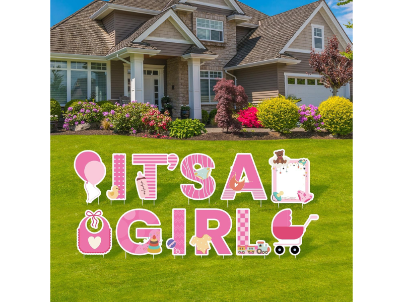 Lawn sign celebrating a new baby girl with colorful decorations