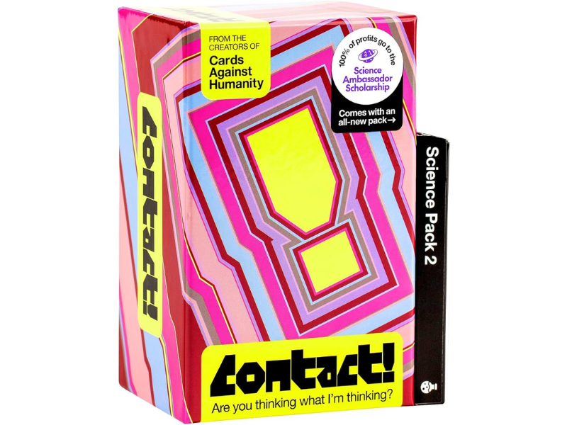 Colorful board game box titled "Contact!" with a science pack included