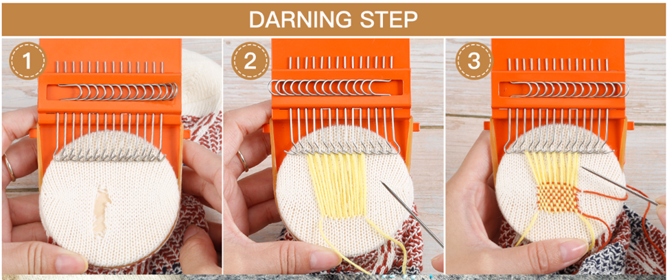 Darning process illustrated in three steps using a tool